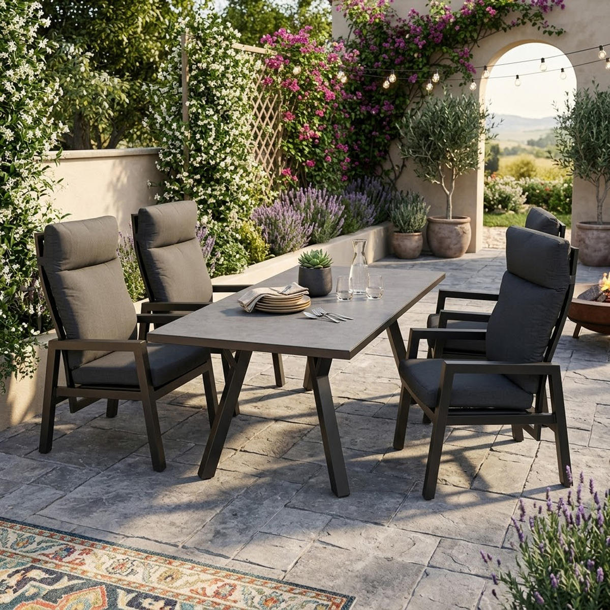 GARTEN-GARNITUR Reading - Essgruppe 5-teilig (4x Hochlehner Sessel mit Armlehnen, 1x Tisch 180x90cm), Gestell Aluminium dunkelgrau - Grau, Metall - TPFGarden