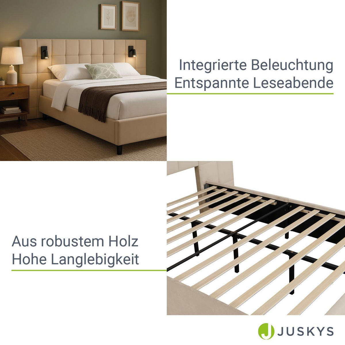 POLSTERBETT Luzano Beige Samt mit Leselicht und Matratze - Beige, Holz (140/200cm) - Juskys