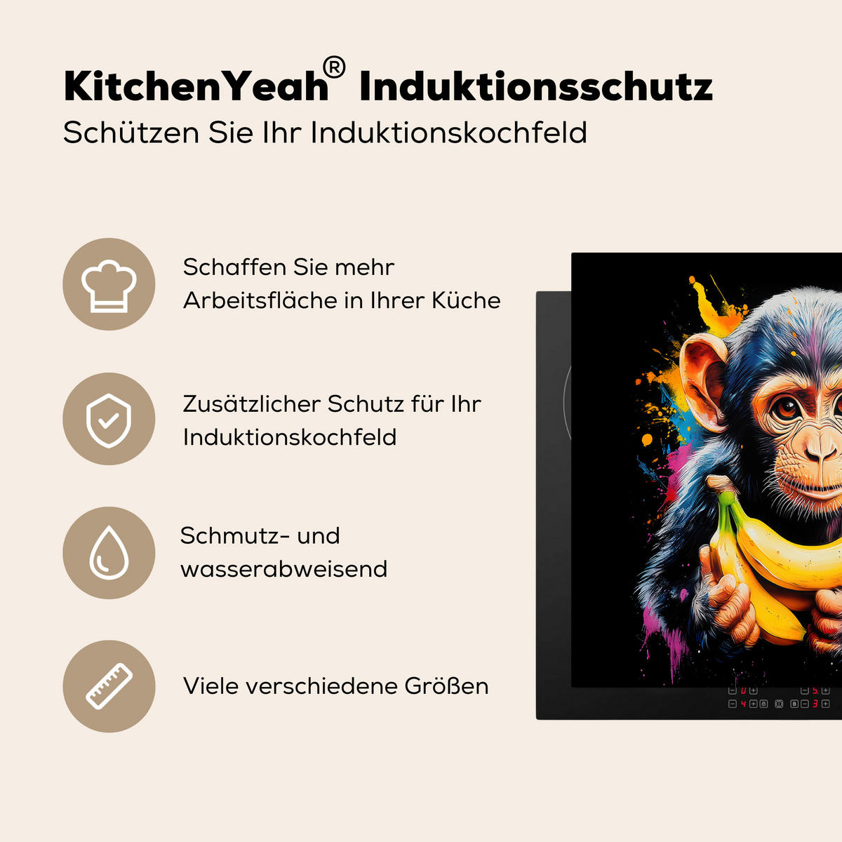 HERDABDECKPLATTE Affe - Graffiti - Farbenfroh - Bananen - Modern 57x51 cm - Gelb, Kunststoff (57.6/0.2/51.6cm) - MuchoWow