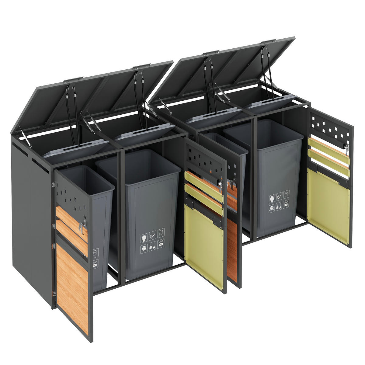 MÜLLTONNENBOX aus Stahl in Grau/Holzoptik mit hydraulischem Klappdeckel - Grau, Metall (264/124.5/80cm) - Modfu