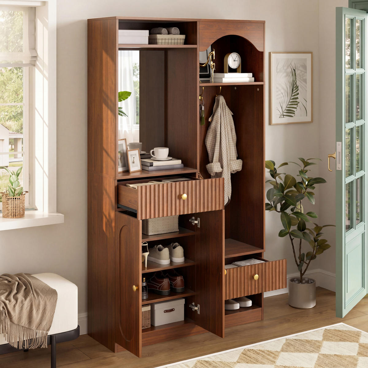 GARDEROBE-SET in Walnussfarben Flurmöbel Set mit Spiegel und Sitzbank für Flur, B100/T35/H180cm - Walnussfarben, Holzwerkstoff (100/180/35cm) - STILVORA