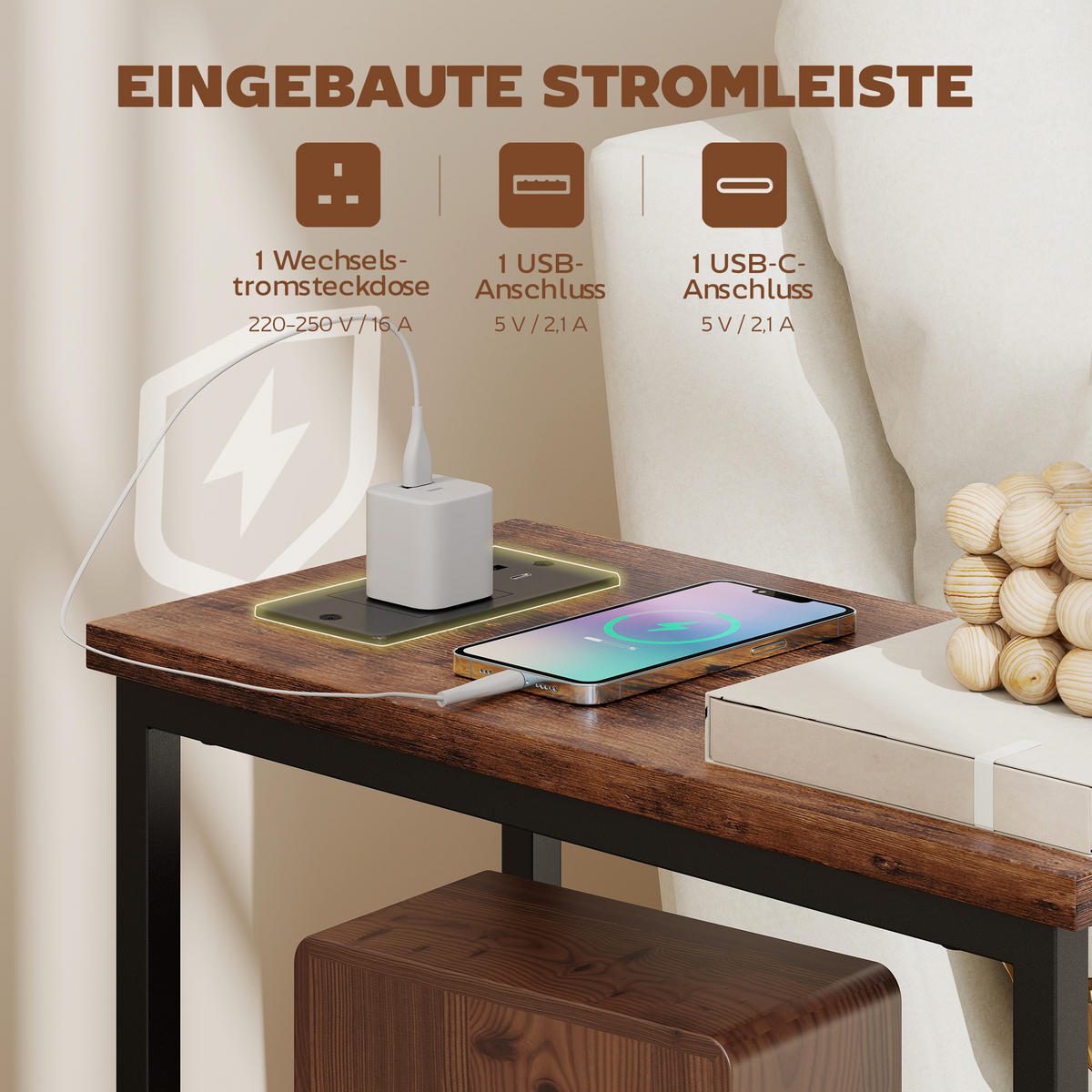 BEISTELLTISCH DE-08771 mit Ladestation & 2 Schubladen Rustikal-Braun - Braun, Metall (40/20/63cm) - ComfortXL