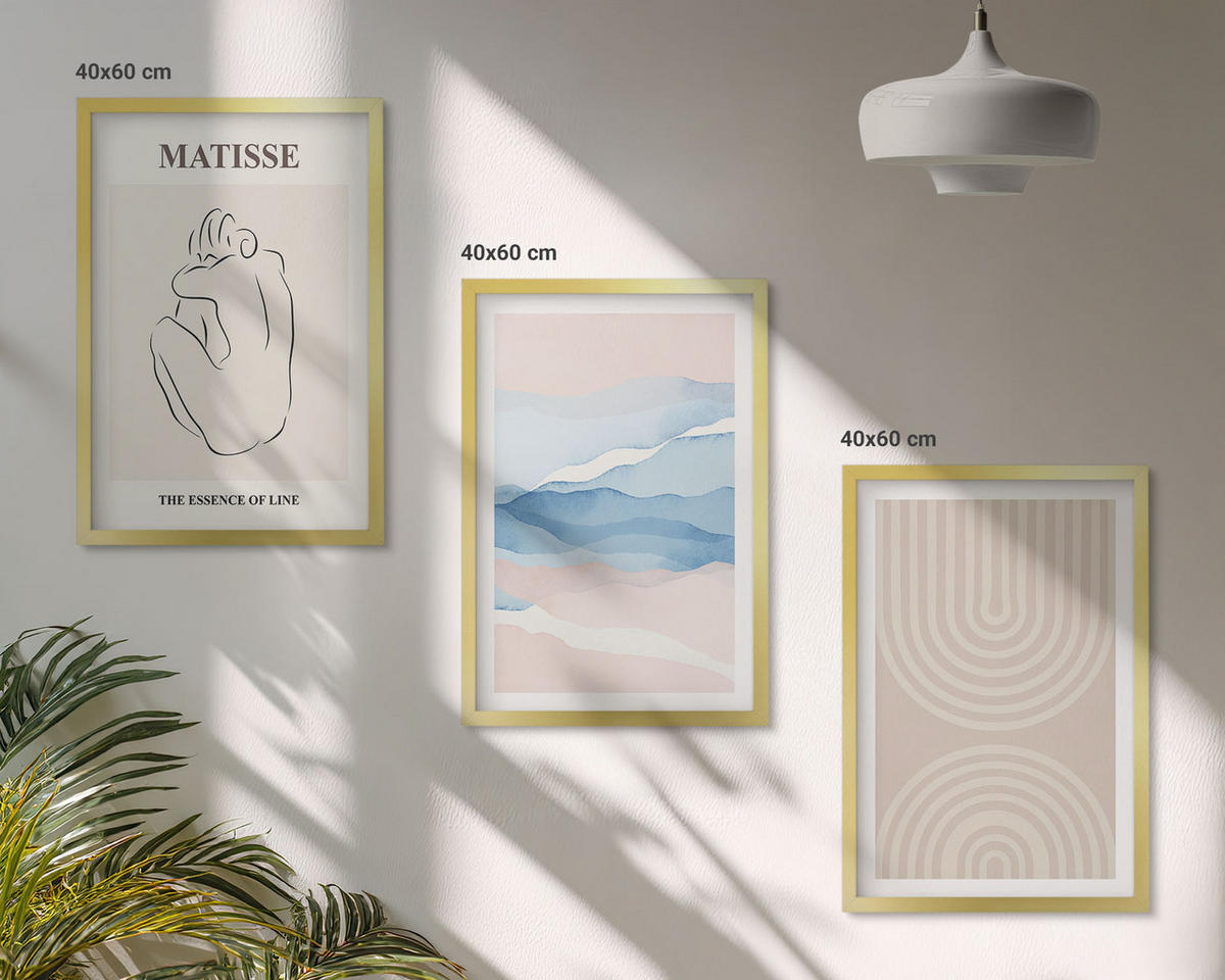 WANDBILDER 3er Set - 40x60 cm Goldrahmen - Linien, Wellen, pastellfarbener Minimalismus - Goldfarben, Kunststoff (40/60cm) - ArtPrintCave