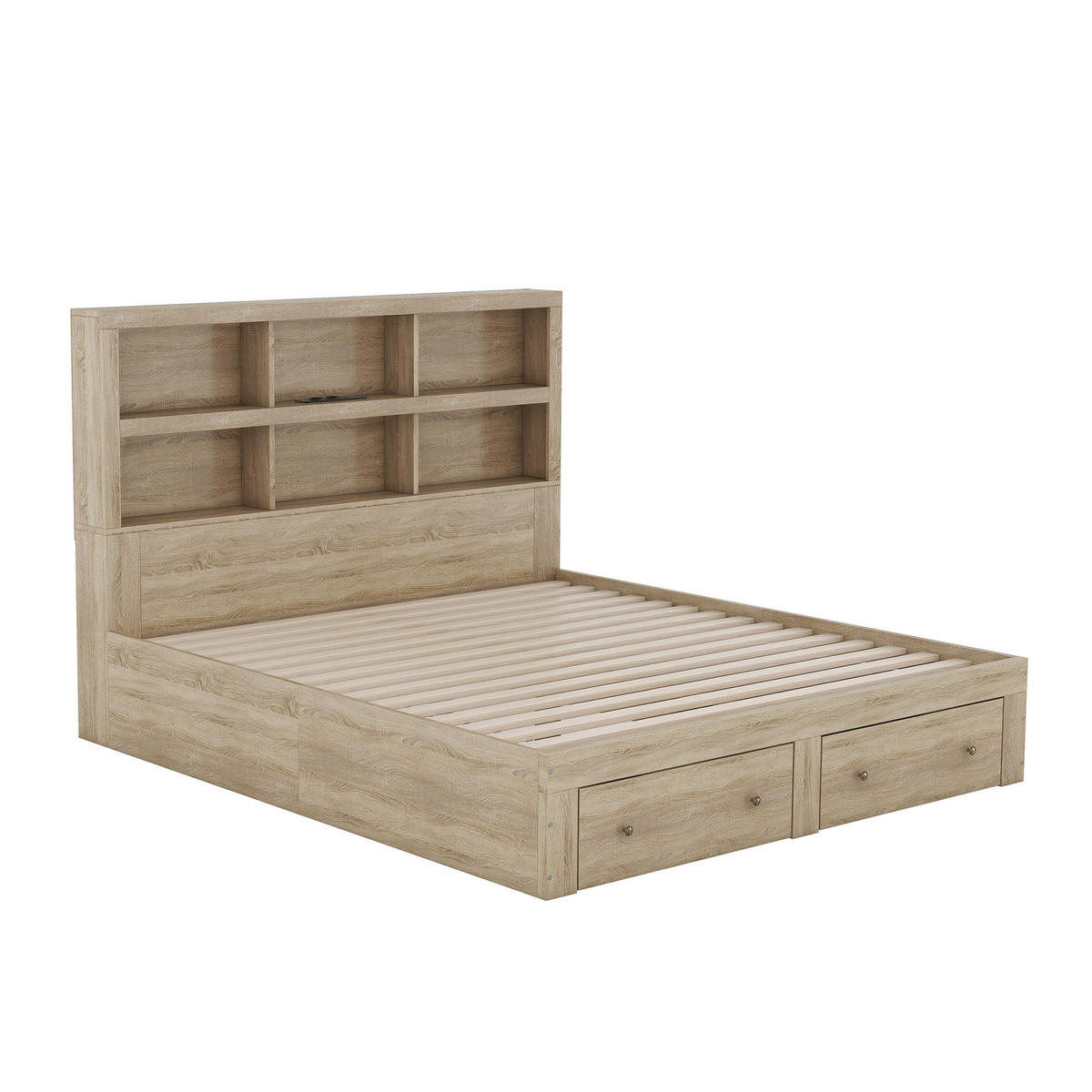 DOPPELBETT 160/200 cm Natur Kingsize-Plattformbett mit Stauraum und USB-Ladeanschluss - Naturfarben, Holzwerkstoff (160/200cm) - OKWISH