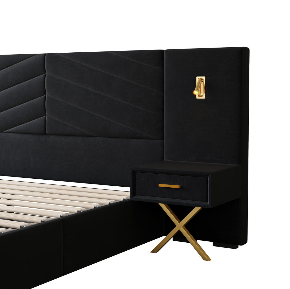 BETT mit Bettkasten 160x200 cm Samt Schwarz mit 2 Nachttischen - Schwarz, Holz (160/200cm) - Meubliv