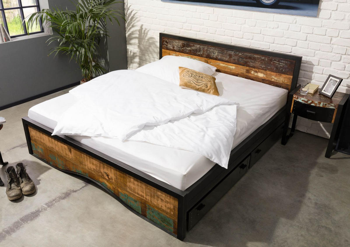 BETT mit Schublade Massivholz Altholz 180 x 200 x 90 mehrfarbig INDUSTRIAL #109 - Multicolor, Holz (180/200cm) - Massivmoebel24