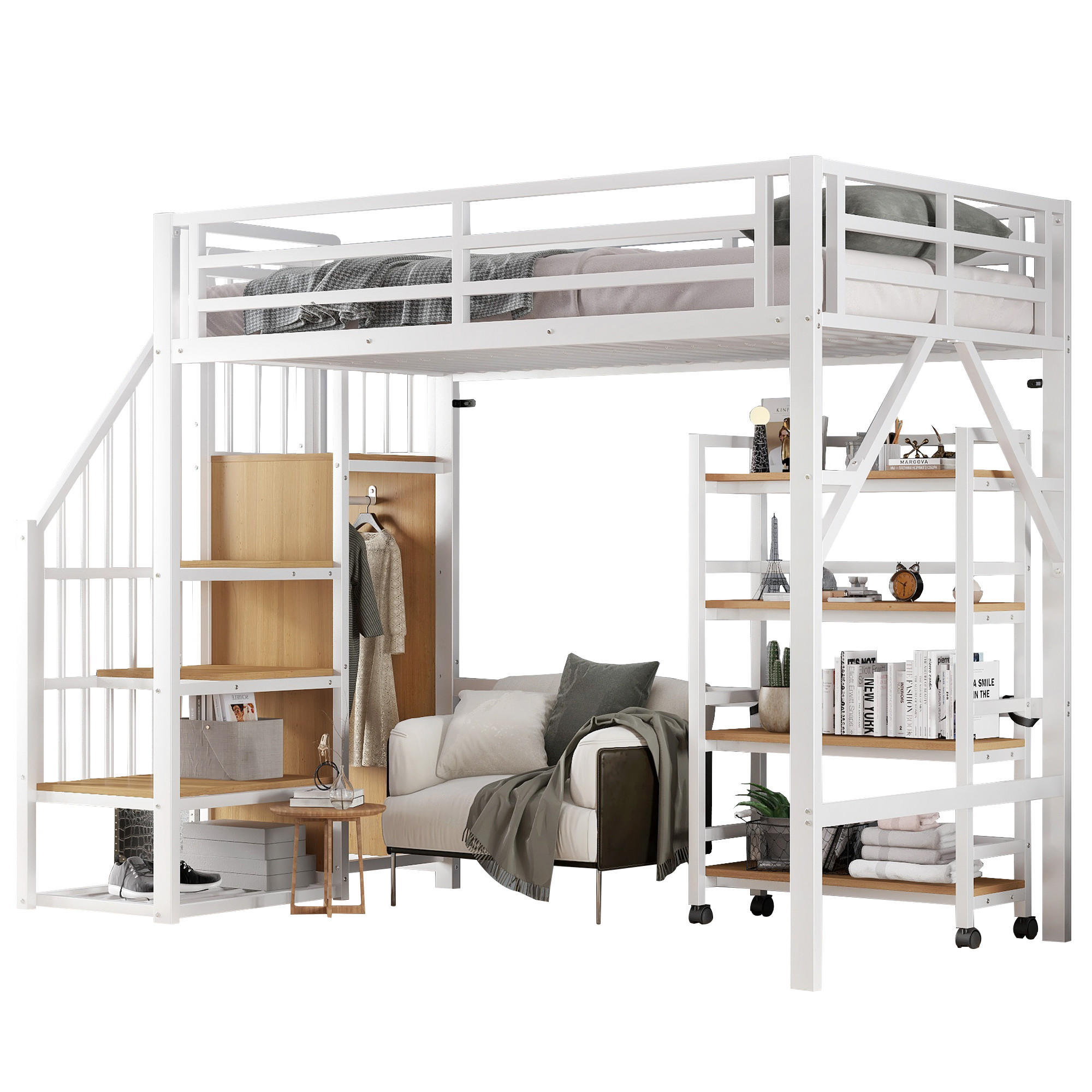 HOCHBETT 90/200 cm Weiß-Natur mit Sicherheitsgeländer und Eckleiterschrank aus Eisen und MDF - Weiß, Metall (90/200cm) - OKWISH