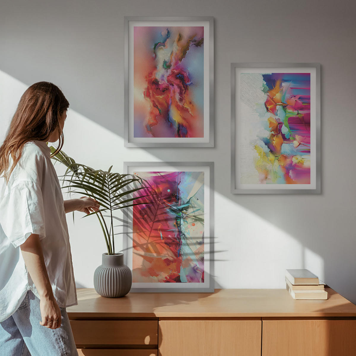 WANDBILDER 3er Set - 40x60 cm Silberner Rahmen - Farbenfrohe Abstraktionen der Form - Silberfarben, Kunststoff (40/60cm) - ArtPrintCave