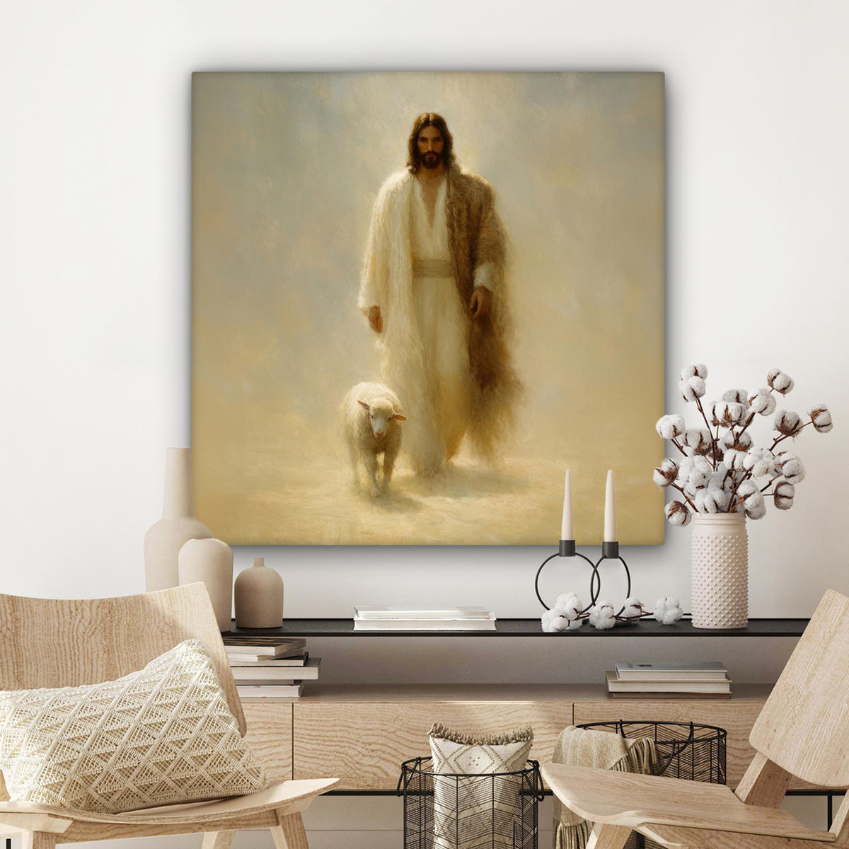 LEINWANDBILD Schaf - Jesus - Pinselstriche - Abstrakt Deko Groß 90x90 cm - Sandfarben, Textil (90/90cm) - MuchoWow