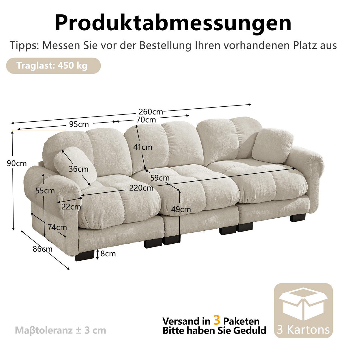3-SITZER-SOFA DE-34384 Steppdesign und 2 Dekokissen Hellkhaki - Sandfarben, Textil (86/90/260cm) - ComfortXL