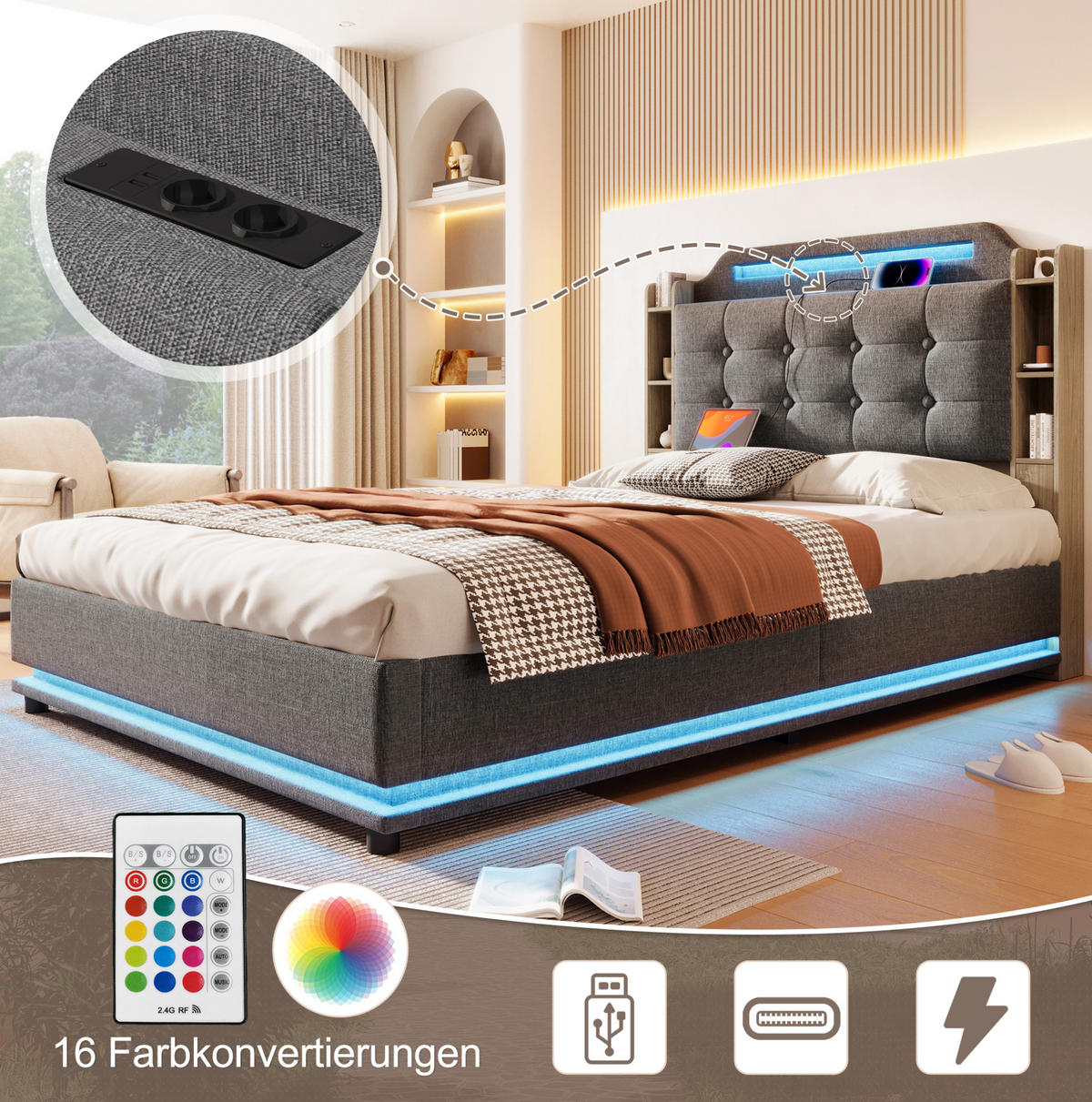 POLSTERBETT 140/200 cm grau mit LED-Beleuchtung und hydraulischem Stauraum - Grau, Textil (140/200cm) - OKWISH