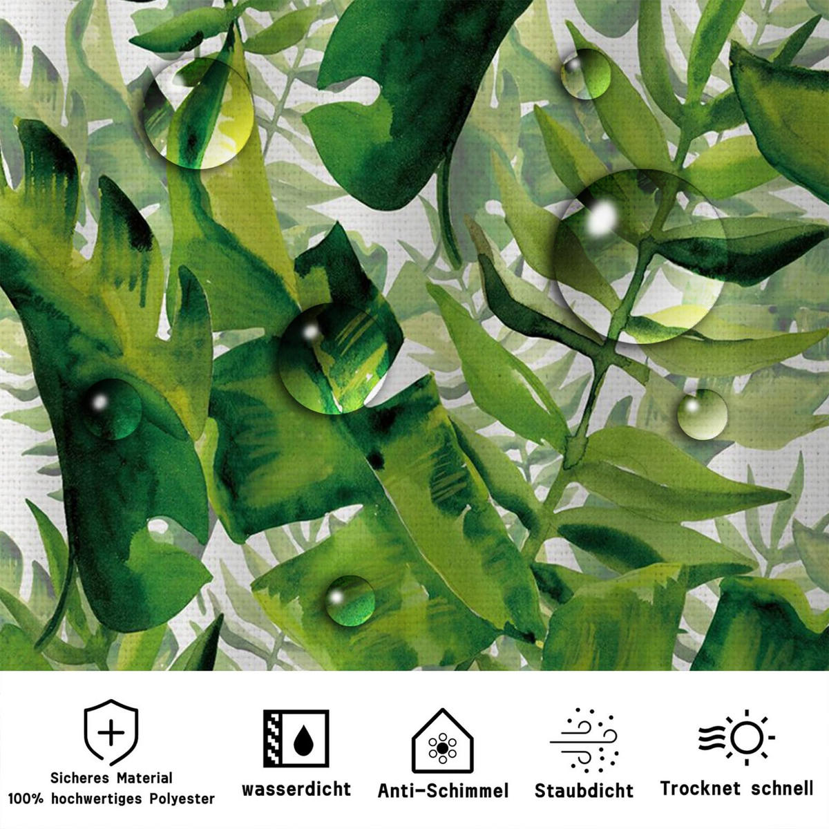 DUSCHVORHANG 3D Blätter Dschungel tropisch 180 x 180 cm bedruckt wasserdicht mit Haken - Multicolor, Textil (180/180cm) - MCBOSON