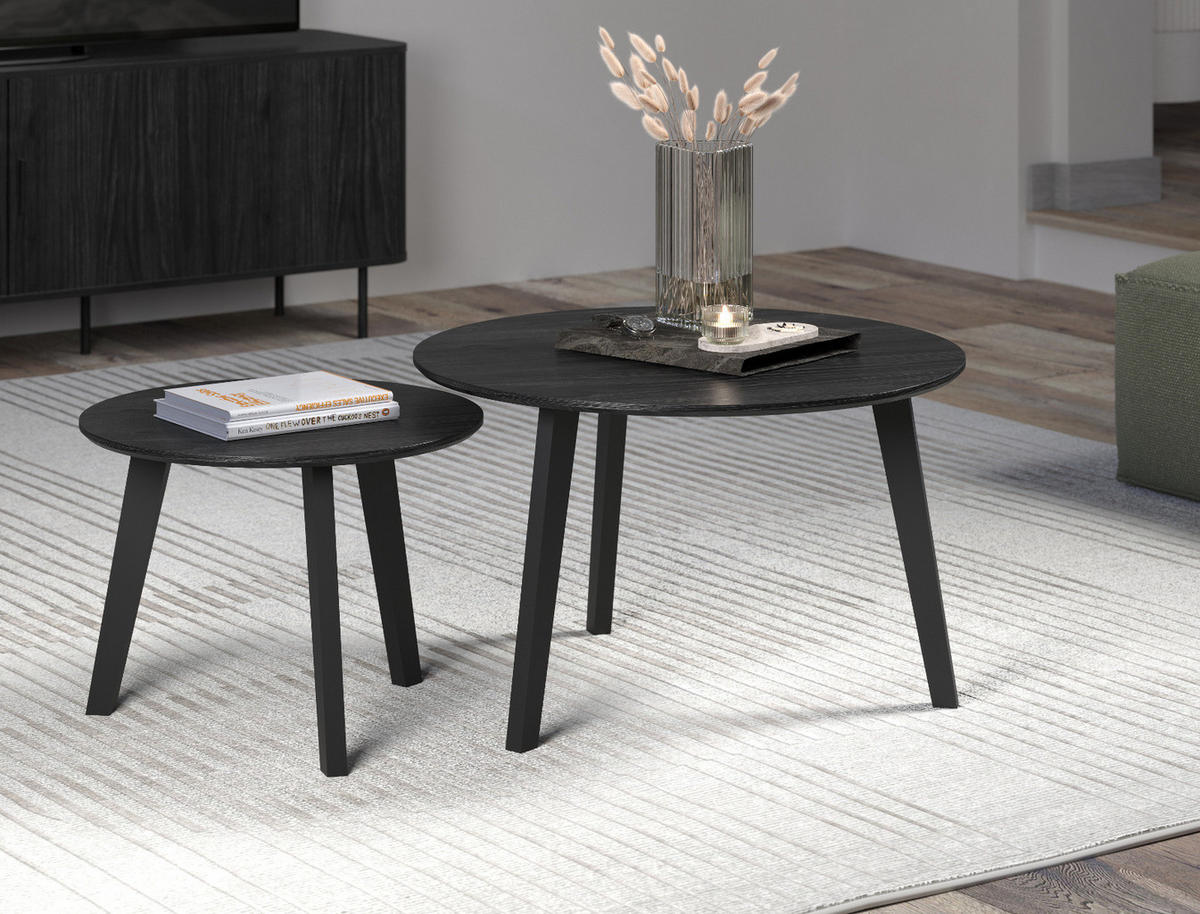 COUCHTISCH 2er Set Esche schwarz, 2x Beistelltisch rund - Schwarz, Holzwerkstoff (50/50/39cm) - Top.Furn