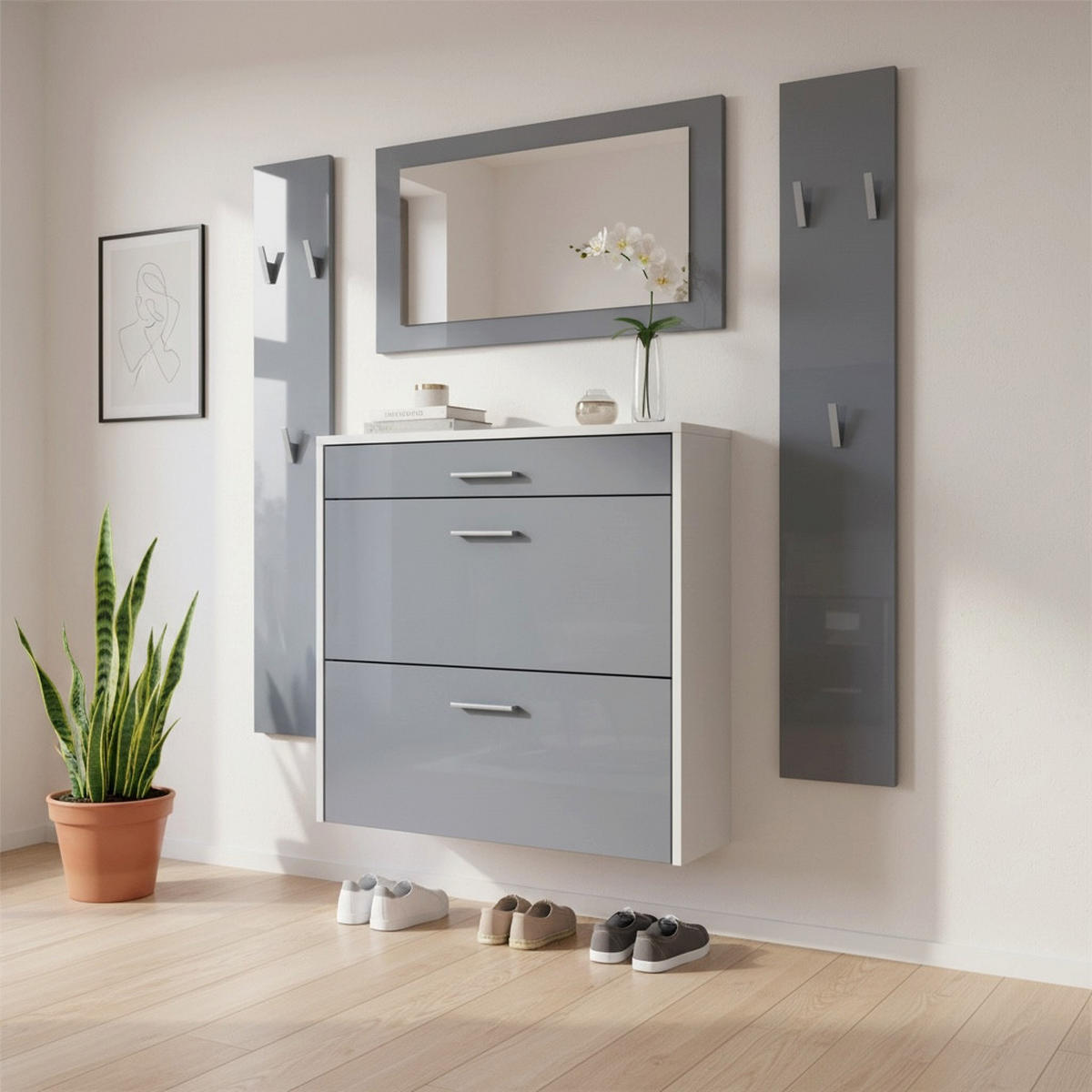 GARDEROBEN-SET Roma Air 4-teilig, Moderne Flurgarderoben Set mit Schuschrank, 2 Wandpaneele und Wandspiegel, Weiß matt/Grau Hochglanz - Grau, Holzwerkstoff (190/200/23cm) - InnoFurn