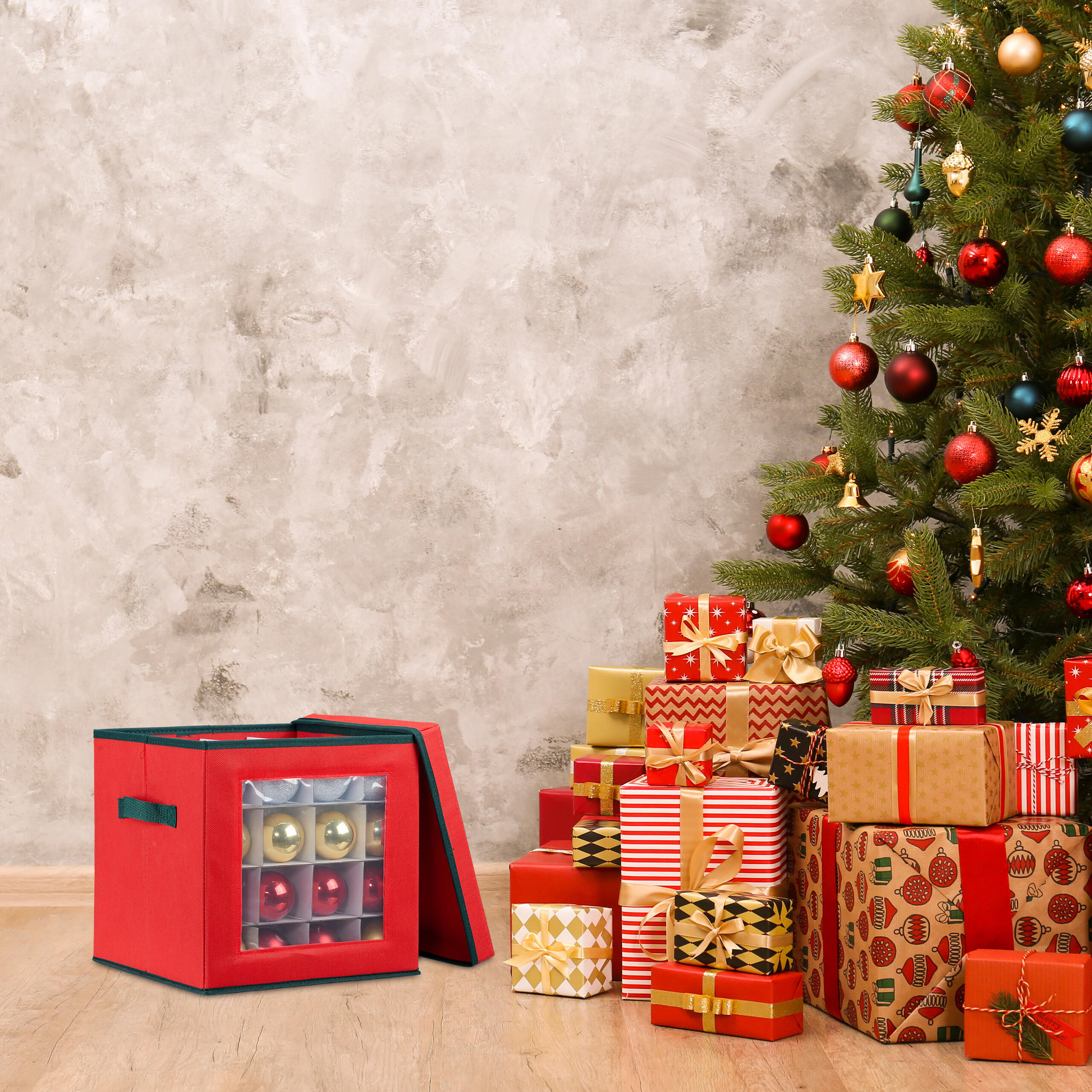 WEIHNACHTSKUGEL-AUFBEWAHRUNGSBOX - Rot, Wellpappe/Kunststoff (30/30/30cm) - Relaxdays