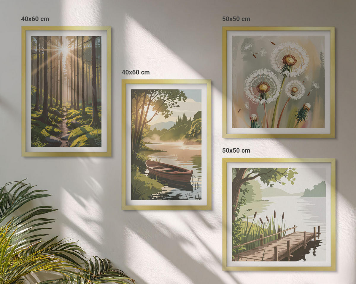 WANDBILDER 4er Set - 50x50 cm & 40x60 cm Goldrahmen - Waldlandschaft, See Łódź - Goldfarben, Kunststoff (50/50cm) - ArtPrintCave