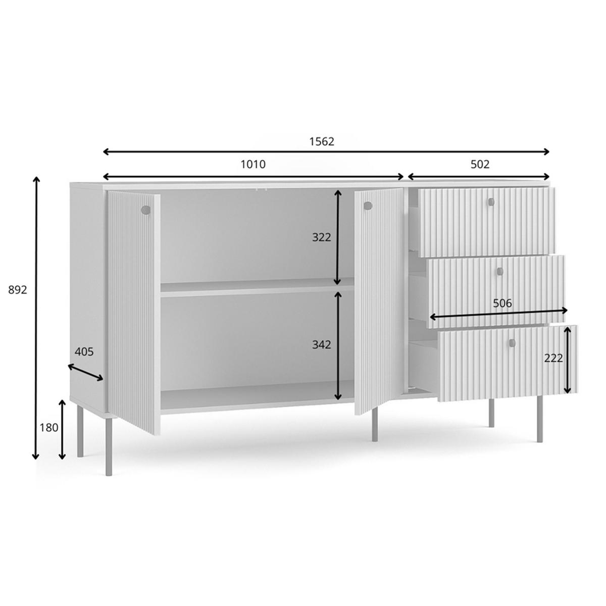 SIDEBOARD Irelis 2T3S Grau 156,2/89,2/41 cm – mit geriffelten Fronten, mit schwarzen Beinen - Schwarz/Grau, Holzwerkstoff/Metall (156.2/89.2/41cm) - AX Living