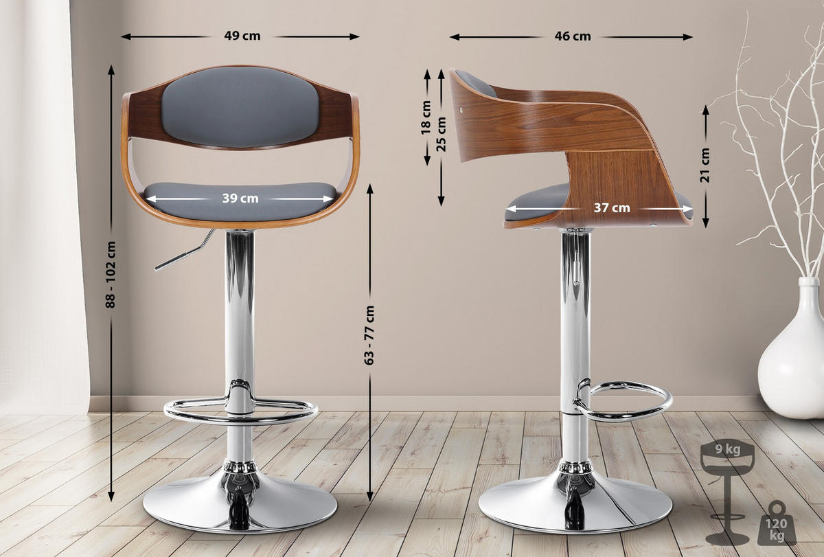 BARHOCKER Lederlook walnuss/grau - Chromfarben/Walnussfarben, Textil/Metall (50/88/48cm) - CLP