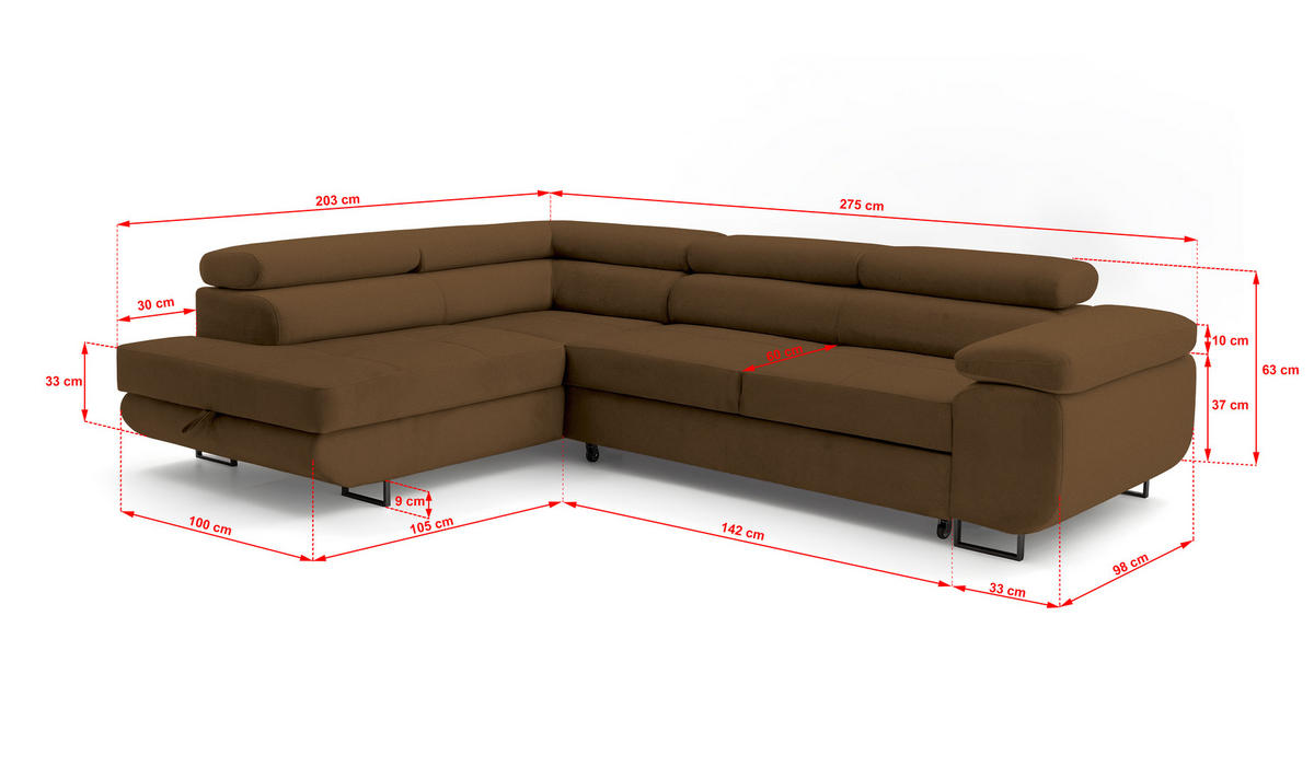 ECKSOFA Velmo mit Bettkasten und Schlaffunktion, verstellbaren Kopfstützen, in L-Form - Braun, Textil (275/203cm)