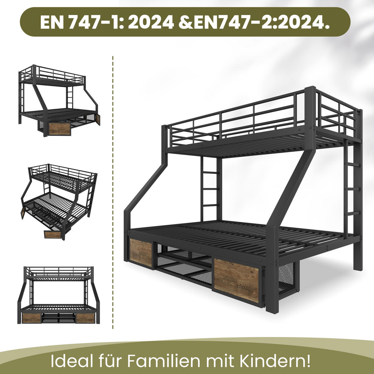 ETAGENBETT 90/200 cm und 140/200 cm Schwarz mit Schuhschrank ohne Matratze - Schwarz, Metall (140/200cm) - MIVRAY