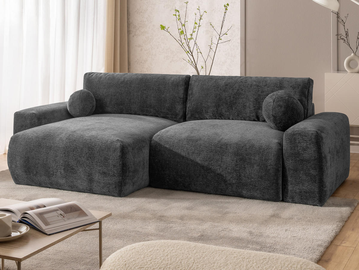 ECKSOFA Puffy mit Schlaffunktion und Bettkasten - besonders weich und puffig aus Dunkelgrau Stoff mit Chenillestruktur - Ottomane links - Dunkelgrau/Schwarz, Holz/Kunststoff (138/266cm) - S-Style Möbel