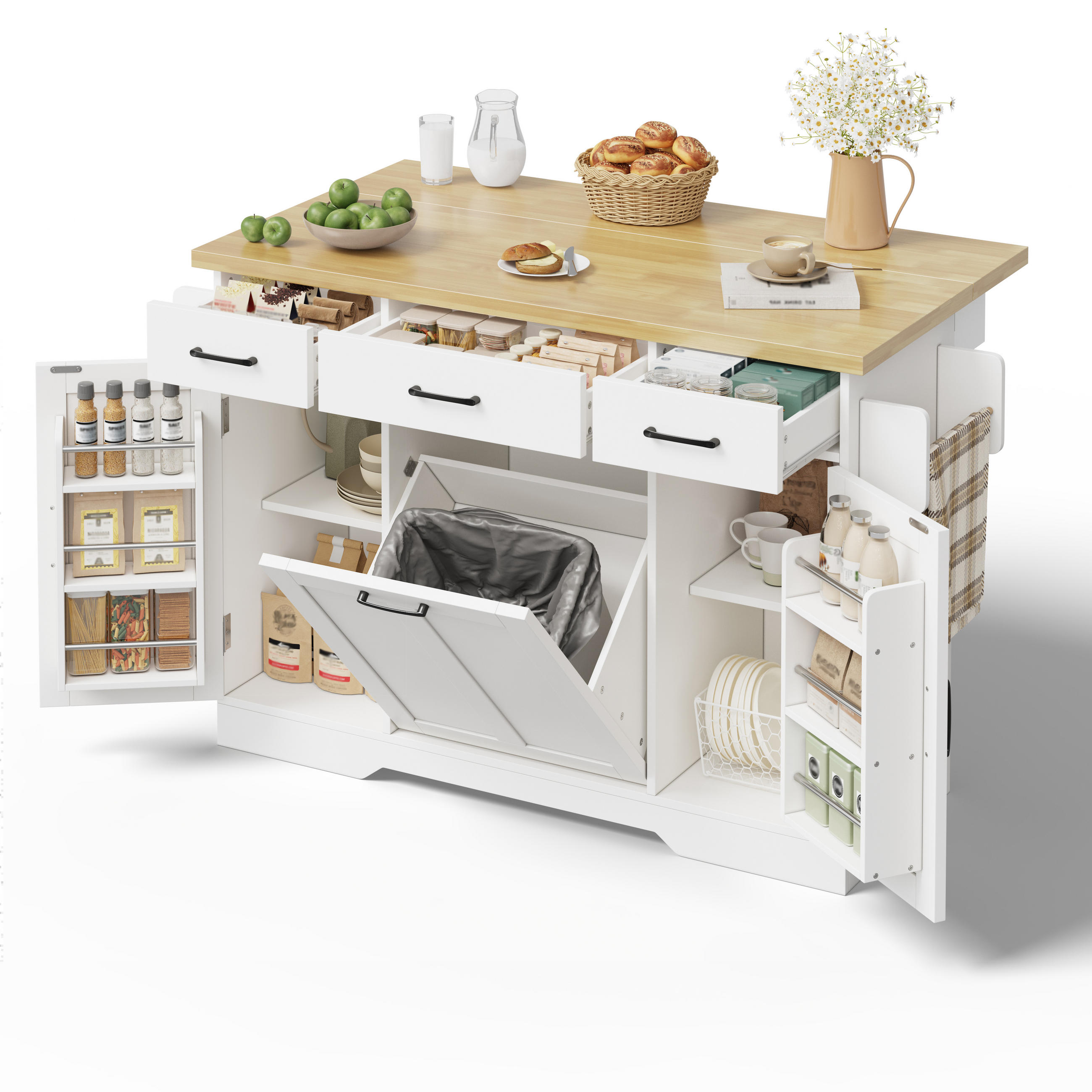SERVIERWAGEN in Weiß Kücheninsel mit klappbarer Arbeitsplatte und Rollen für Küchen, B120/T45 (70)/H87cm - Weiß, Holzwerkstoff (120/87/70cm) - STILVORA