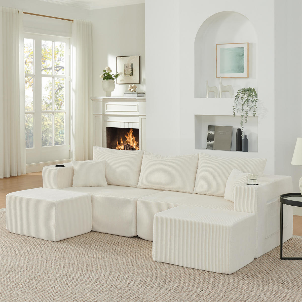 WOHNLANDSCHAFT mit beweglichen Ottomanen, Getränkehaltern und Kissen aus Cord - Beige, Textil (230/75/138cm) - EVRYAE