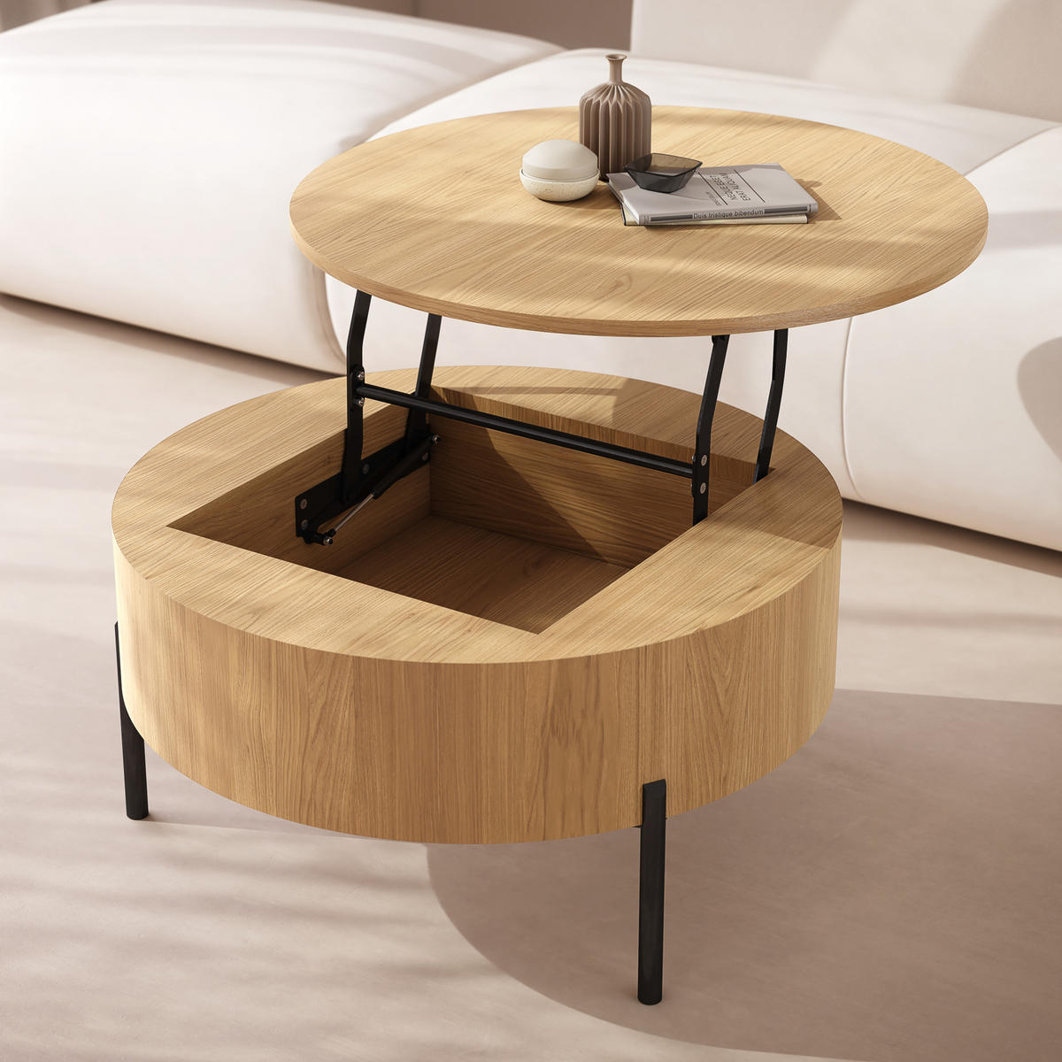 COUCHTISCH rund aufklappbar höhenverstellbar Stauraum 79/79/42 cm - Eichefarben, Holzwerkstoff (79.5/79.5/42.7cm) - designimpex