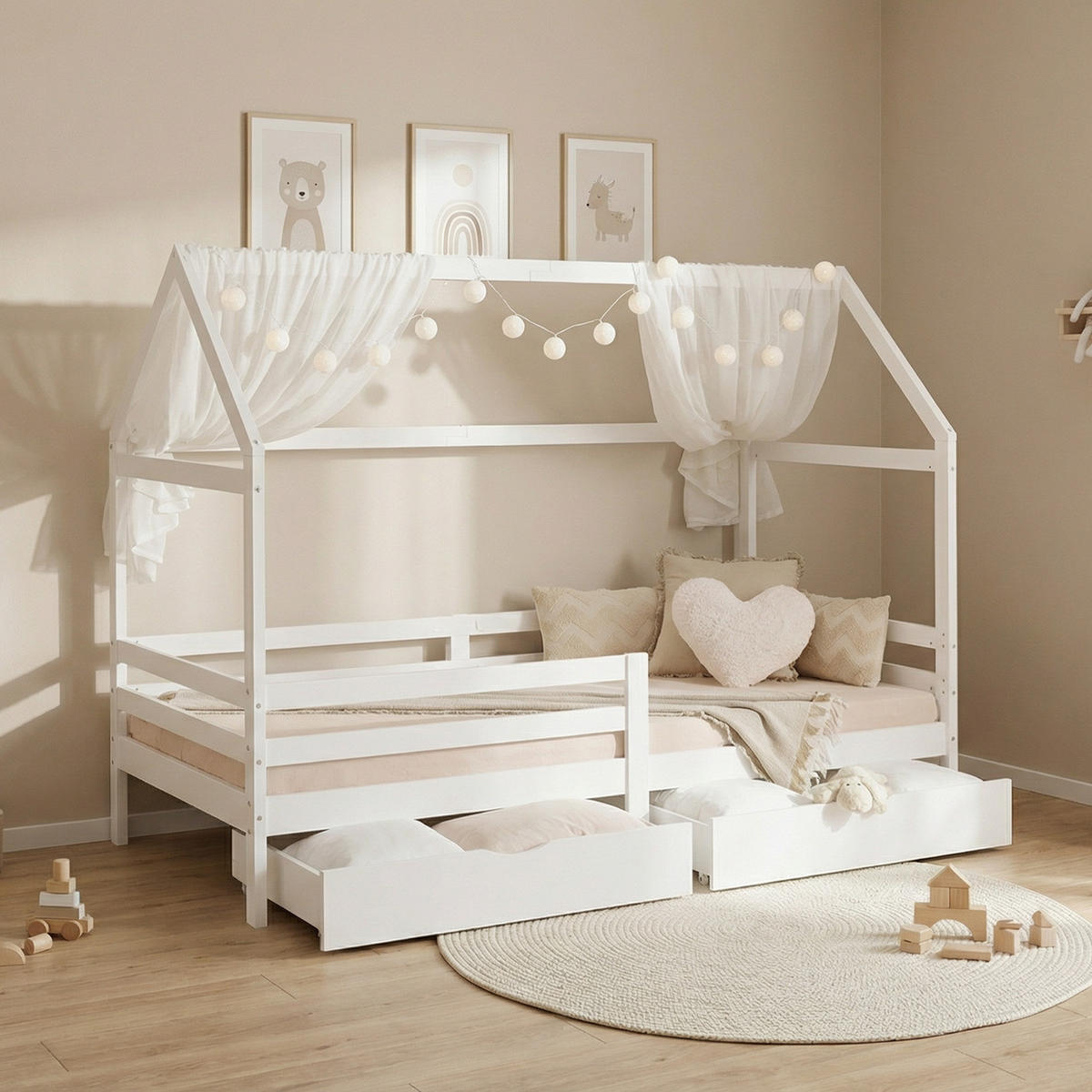 HAUSBETT 90/200 mit Rausfallschutz Weiß - Weiß, Holz (207/158/96cm) - Homestyle4u