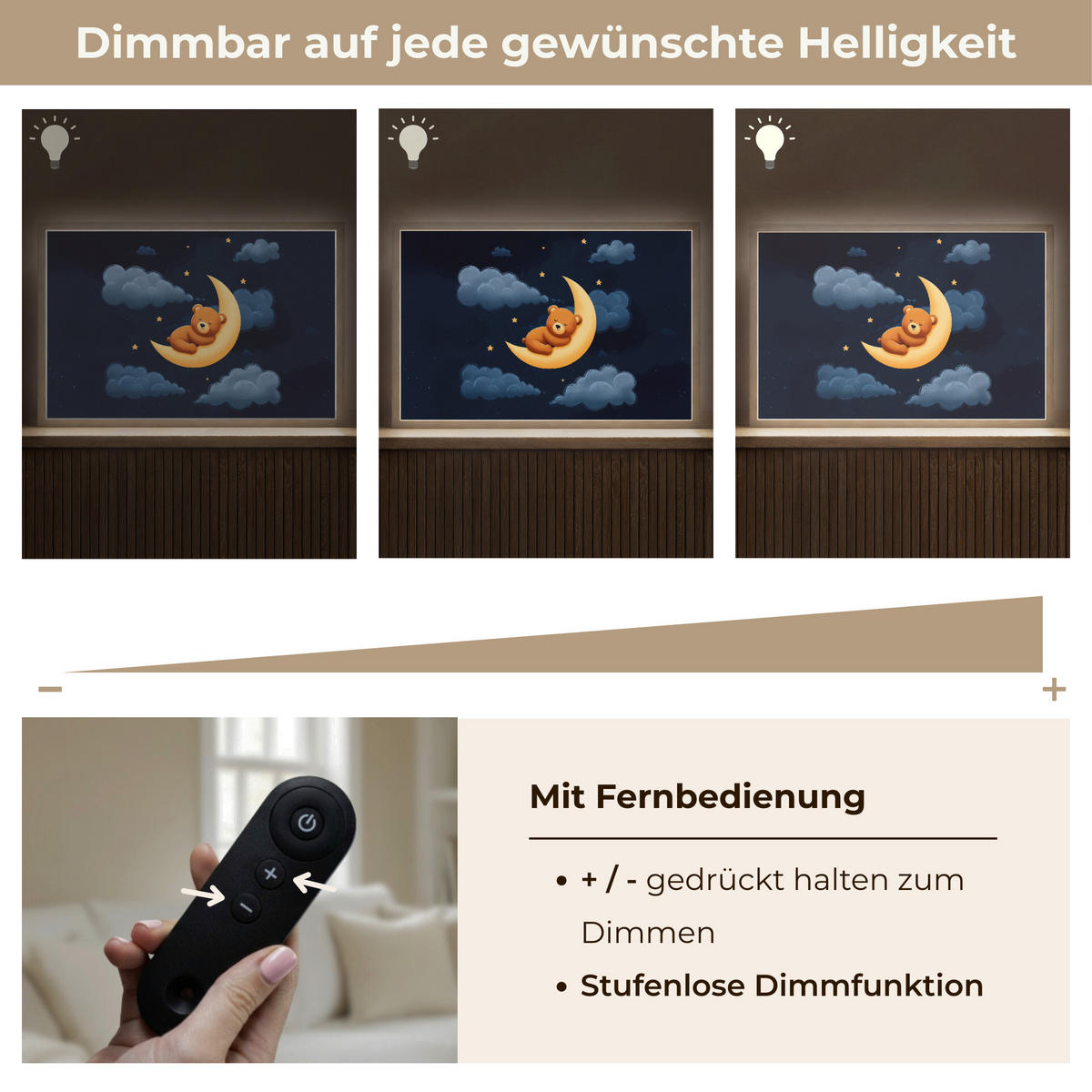 NÁSTĚNNÁ LAMPA S AKUMULÁTOREM Medvídek - Měsíc - Mraky - Hvězdy 60x40 cm - tmavě modrá, kompozitní dřevo (60/40/8cm) - OnlyWow
