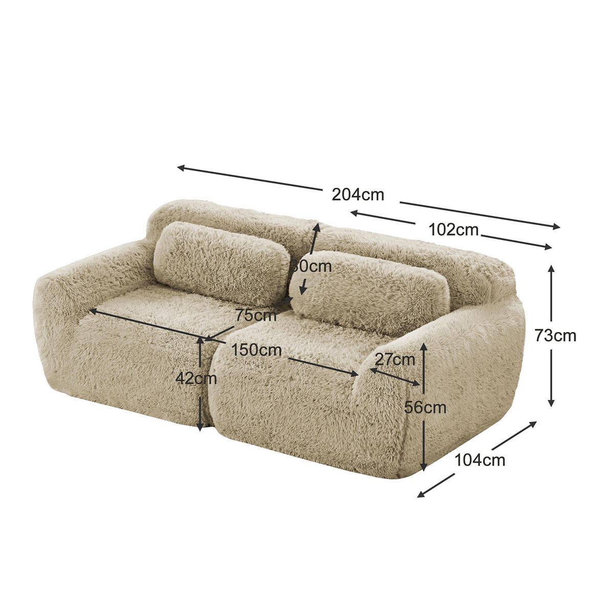 SOFA Modulares 2-Sitzer, keine Montage erforderlich, Webpelz-Bezug, Beige - Beige, Textil (204/104/73cm) - Meubles Cosy