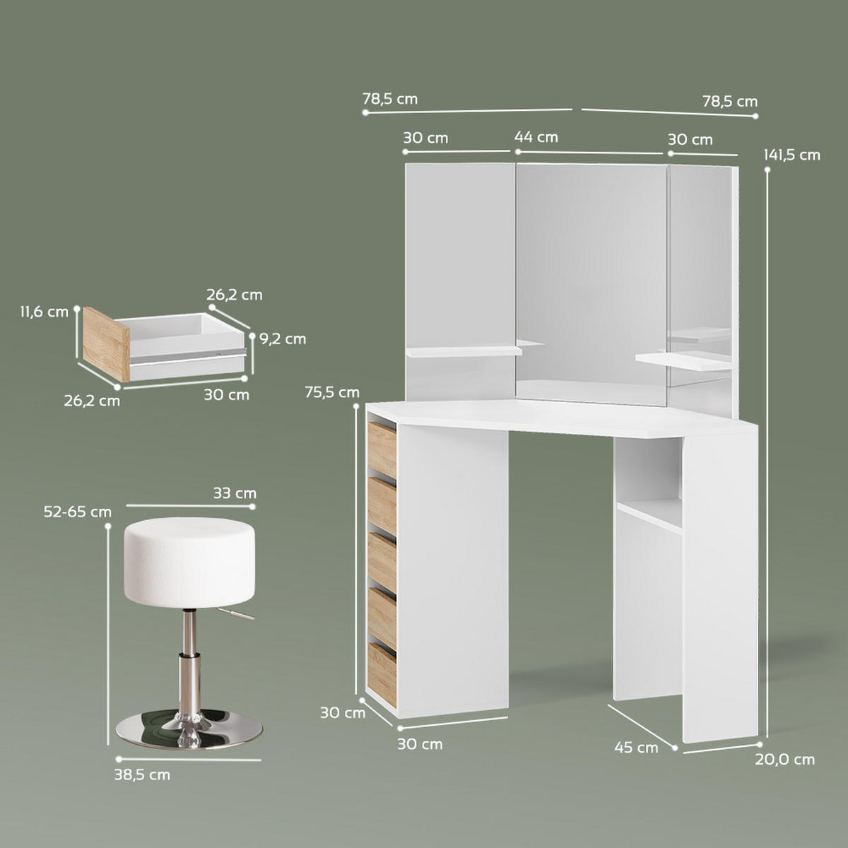 ECKSCHMINKTISCH Enna Weiß/Sonoma 110 cm mit Hocker - Weiß/Sonoma Eiche, Holzwerkstoff (110/141.5/54cm) - Livinity®