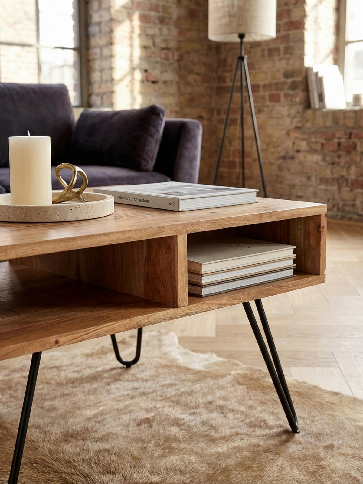 COUCHTISCH aus massivem Akazienholz mit Metallgestell und Stauraum im modernen Design - Beige/Schwarz, Holz/Metall (60/60/40cm) - KADIMA DESIGN