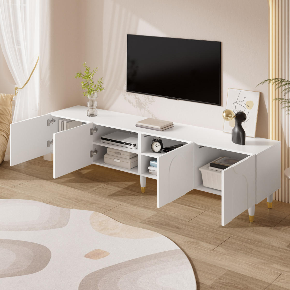 TV-LOWBOARD 180 x 40 x 50 cm aus MDF, 4 Türen, asymmetrische Bogenfront, Weiß - Weiß, Holzwerkstoff (180/50/40cm)