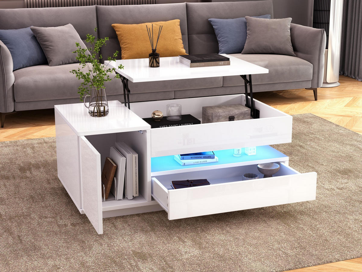 COUCHTISCH 95/50/34,5 cm in Weiß mit Hebefunktion und LED-Beleuchtung - Weiß, Holzwerkstoff (90/50/34.5cm) - Flora Grace
