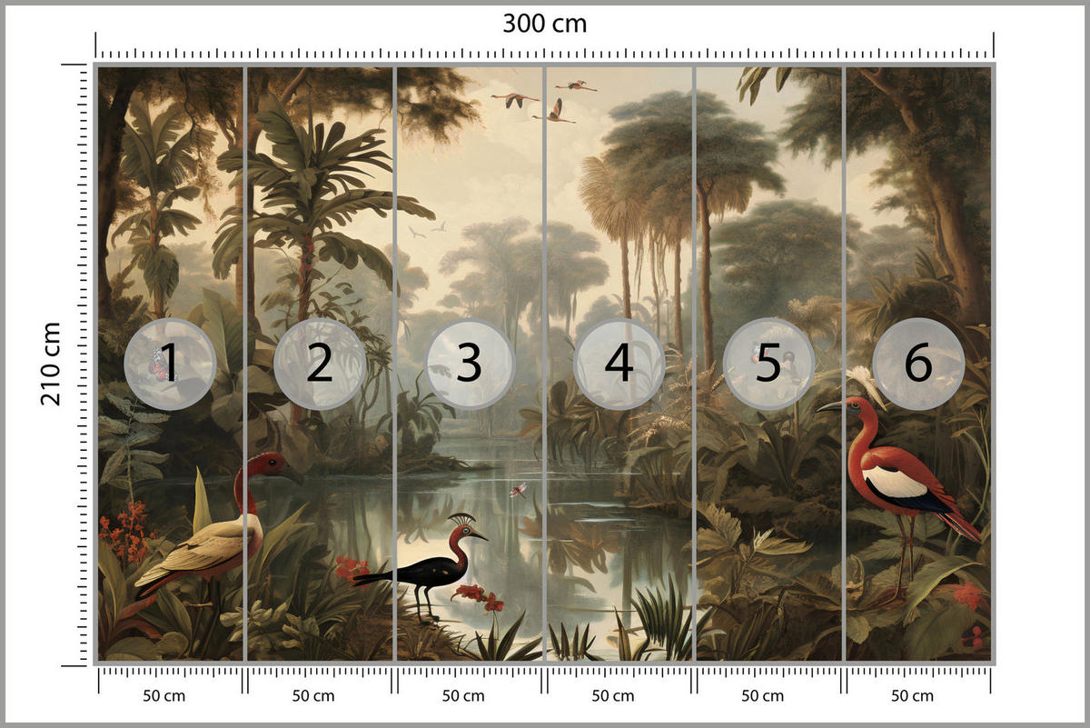 FOTOTAPETE Dschungel Tropische Pflanzen Vögel 300x210 - Gelb/Beige, Papier (300/210cm) - Muralo