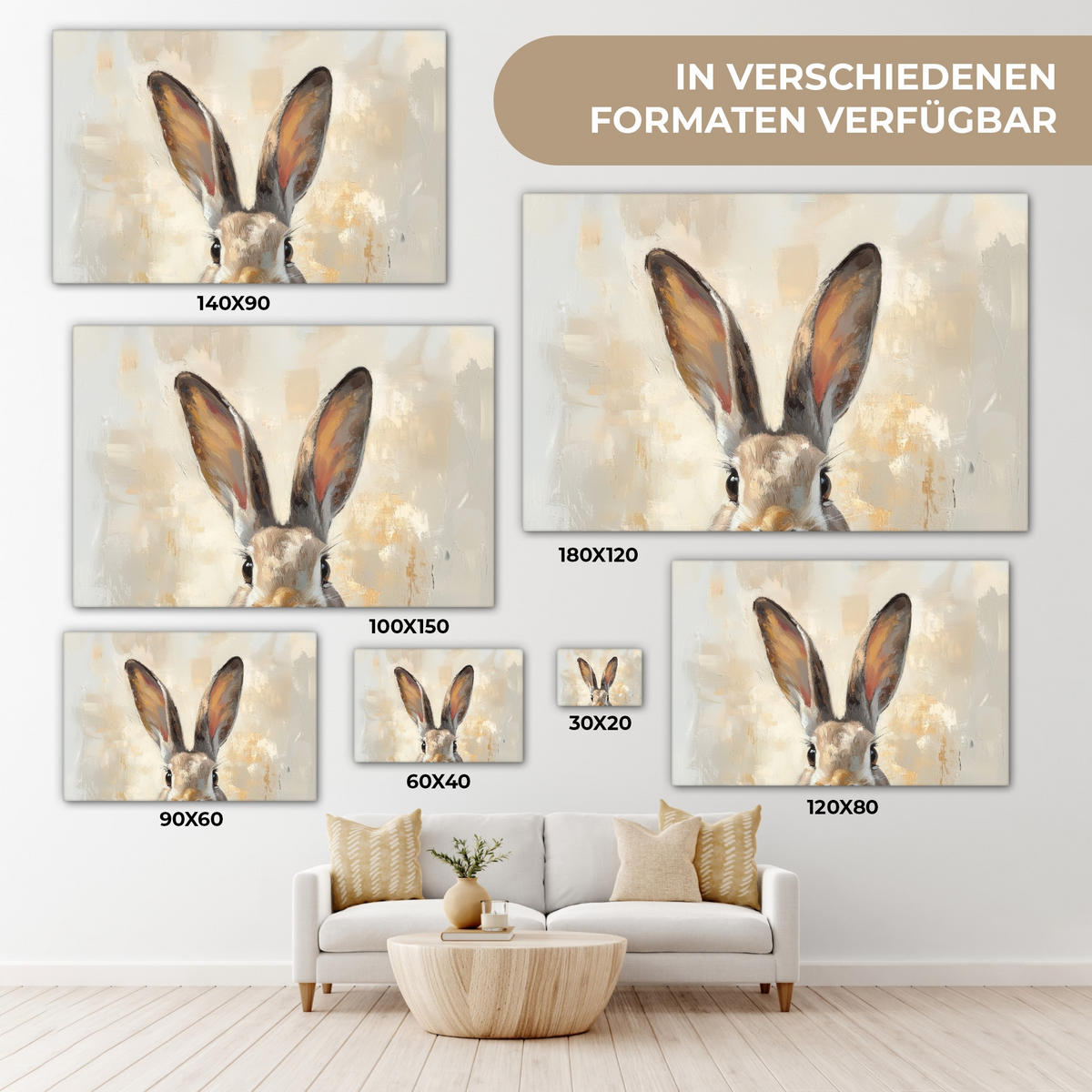 LEINWANDBILD Hase - Ohren - Braun XXL 150x100 cm - Beige, Textil (150/100cm) - MuchoWow