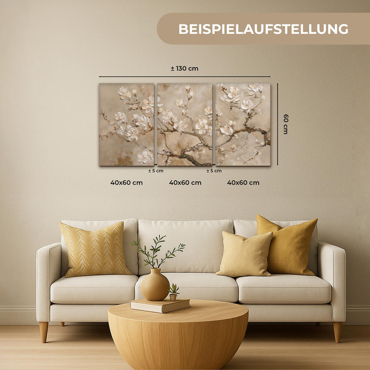LEINWANDBILD 3er Set Beige - Blüte - Modern 120x60 cm - Greige, Textil (120/60cm) - MuchoWow