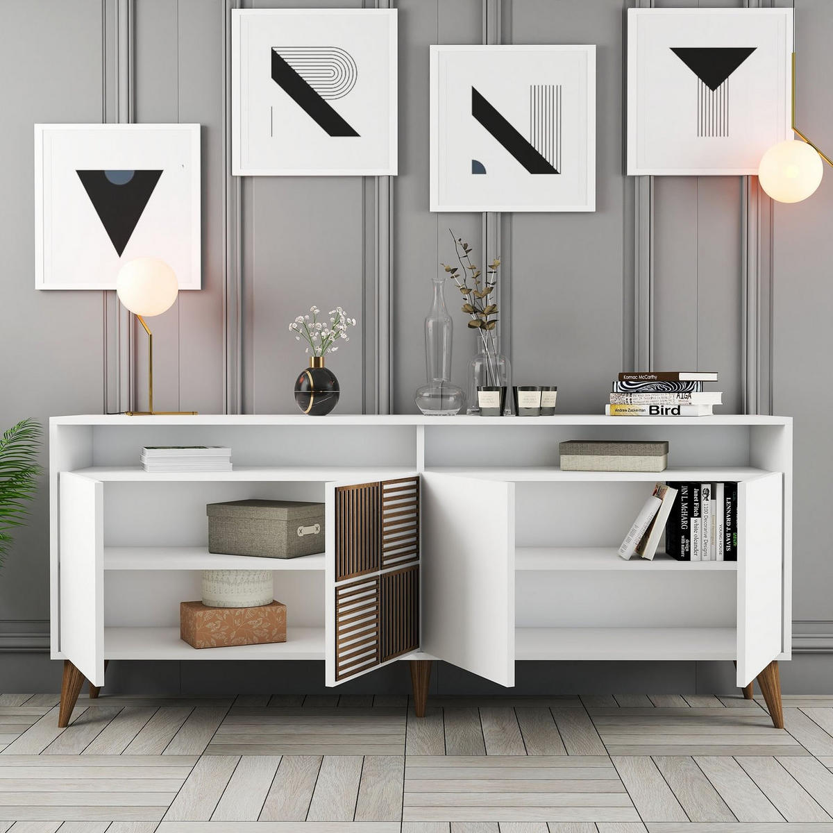 SIDEBOARD 4 Türen L180 cm - Milan - Weiß, Holzwerkstoff (35/78.6/180cm) - Calicosy