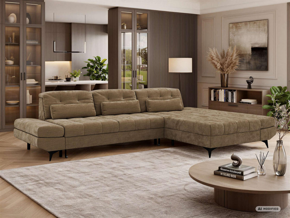 ECKSOFA ALVENO L - Hellbraun Schenille glatt - Rechts Seite - Hellbraun/Schwarz, Textil/Metall (344/218cm) - MKS