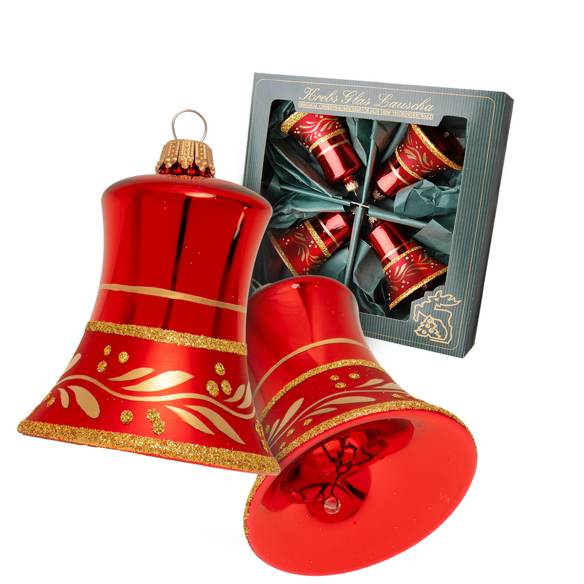 CHRISTBAUMSCHMUCK Glocken Rot 7cm (Glas / 4 Stk.) - Rot, Glas (6/7/6cm) - Krebs Glas Lauscha