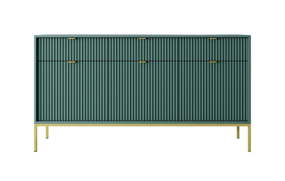 KOMMODE Nova Grün, Golden Beine und Goldene Griffe, Dreitürig - Goldfarben/Grün, Holzwerkstoff/Metall (154/83/39cm) - Bettso