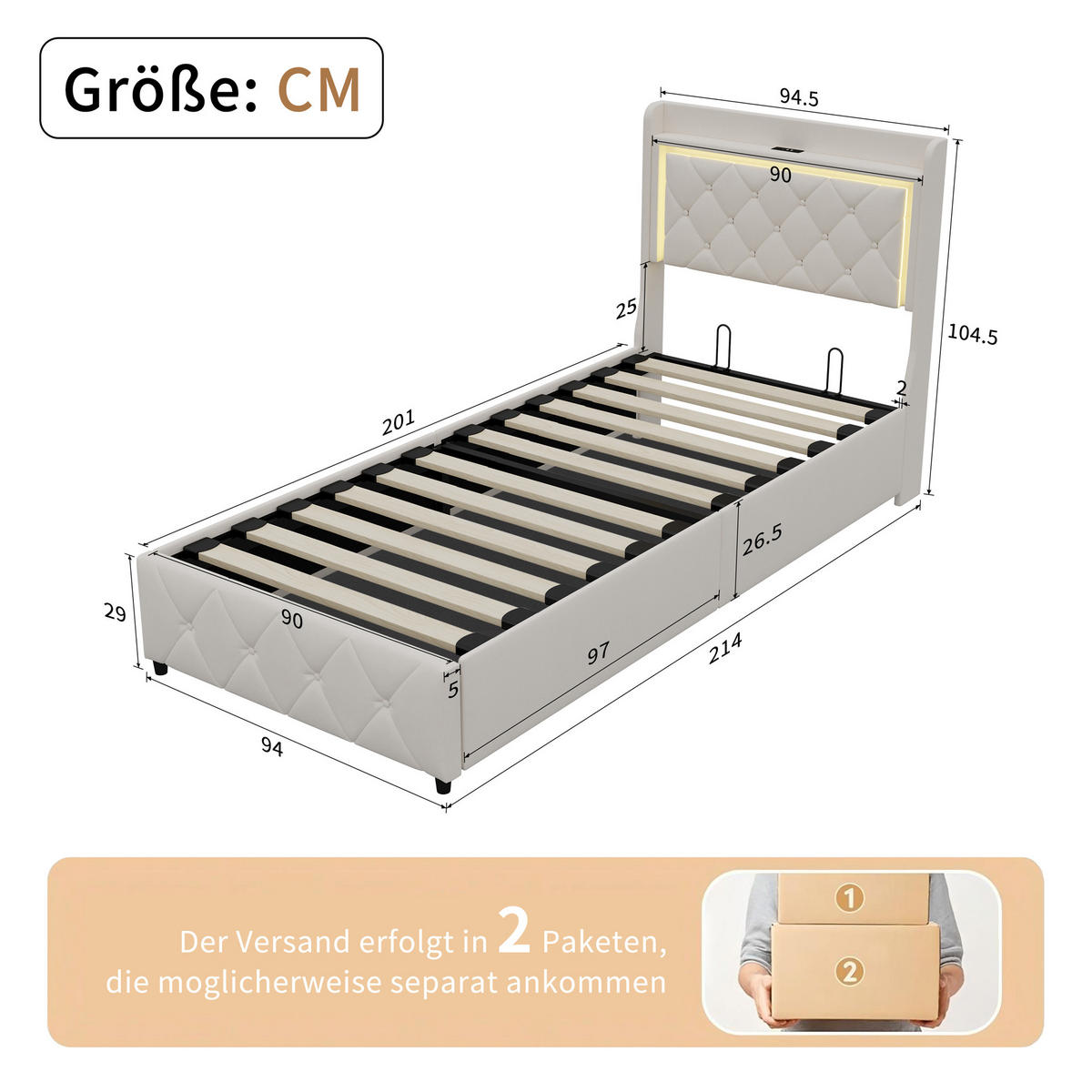POLSTERBETT 90x200 cm Beige mit LED, Stauraumkopfteil & USB-C - Beige, Holz (90/200cm)
