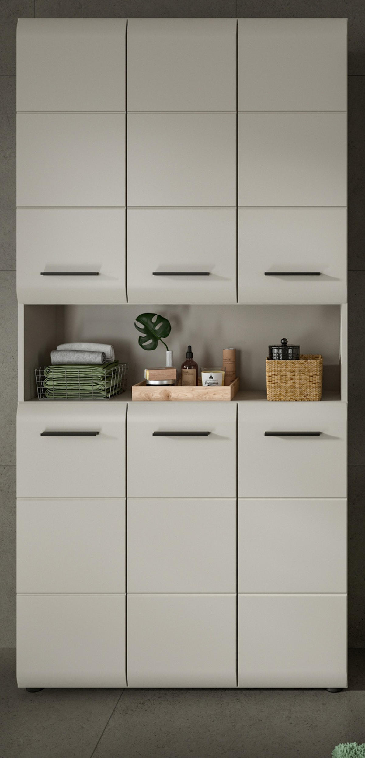 HOCHSCHRANK Kaschmir 90 x 185 cm, Badschrank XL 6-türig - Kaschmir/Schwarz, Holzwerkstoff/Kunststoff (90/185/30cm) - Inn.Furn