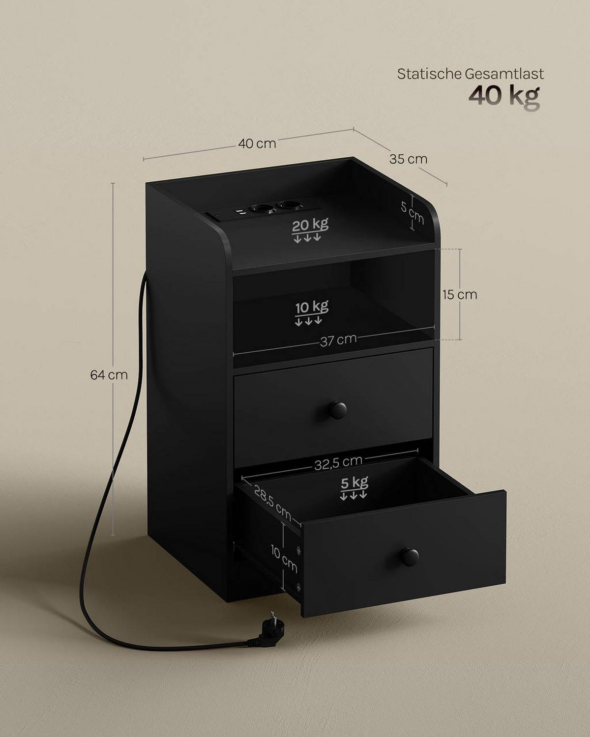 NACHTTISCH 2er Set mit LED-Licht, 2 Steckdosen , Holz, Schwarz - Schwarz, Holzwerkstoff (40/64/35cm) - Woltu