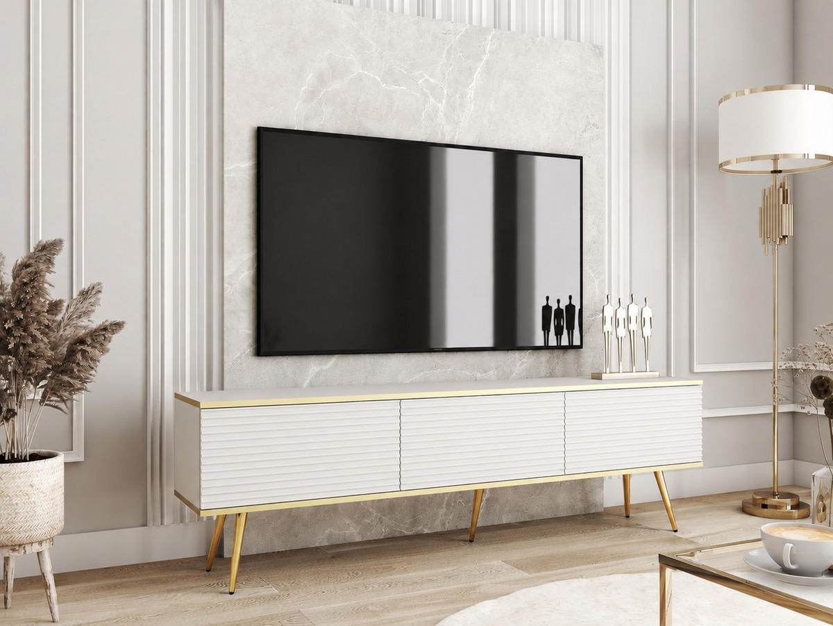 LOWBOARD TV BANFF RTV8-2D Goldene Metallbeine, geriffelte Fronten, Weiß - Weiß, Holzwerkstoff/Kunststoff (175/53/32cm) - Komodee