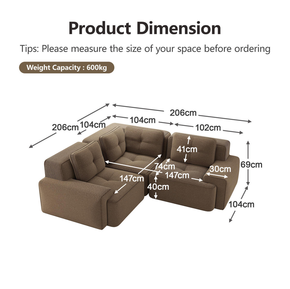 ECKSOFA 208/177/69 cm braun aus Cord mit modularem Design und rutschfestem Standfuß - Braun, Textil (104/177cm) - OKWISH