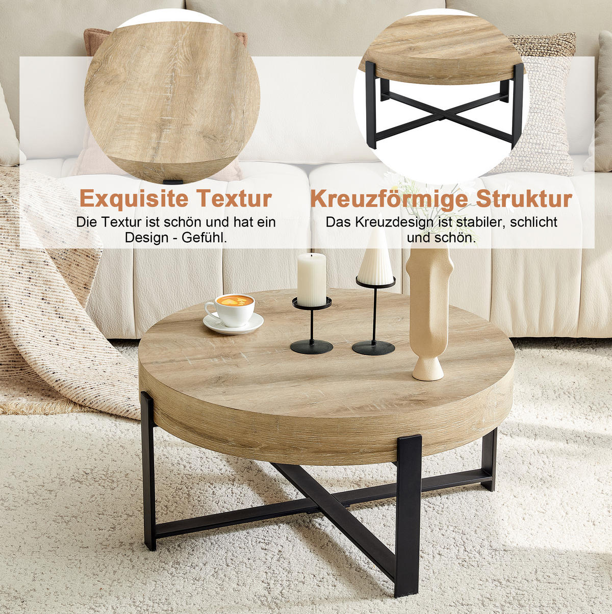 COUCHTISCH 68/36 cm Schwarz aus MDF und Metall mit Kreuzgestell - Schwarz, Holzwerkstoff (68/68/36cm) - OKMYHOME