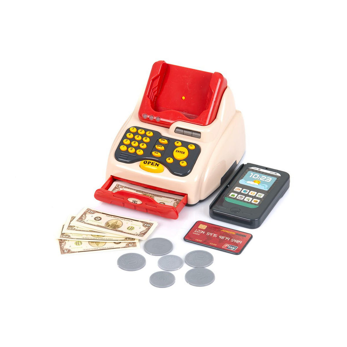 REGISTRIERKASSE 24-teilig rot Scanner, Kartenleser, Einkaufskorb, Lebensmittel, inklusive Spielgeld - Rot, Kunststoff (16/12/35cm) - Chipolino