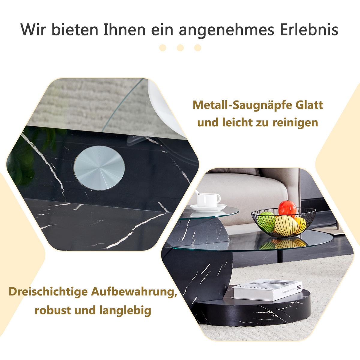 COUCHTISCH in Schwarz Wohnzimmertisch mit zwei Ebenen aus Sicherheitsglas für Wohnzimmer, B90/T70/H44 cm - Transparent/Schwarz, Glas/Holzwerkstoff (89.9/89.9/43.2cm) - STILVORA